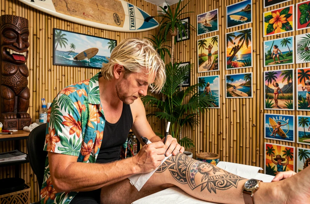 Tatoueur d'Aloha Tattoo à Amiens réalisant un tatouage polynésien dans un studio à l'ambiance tropicale et surf avec décoration hawaïenne