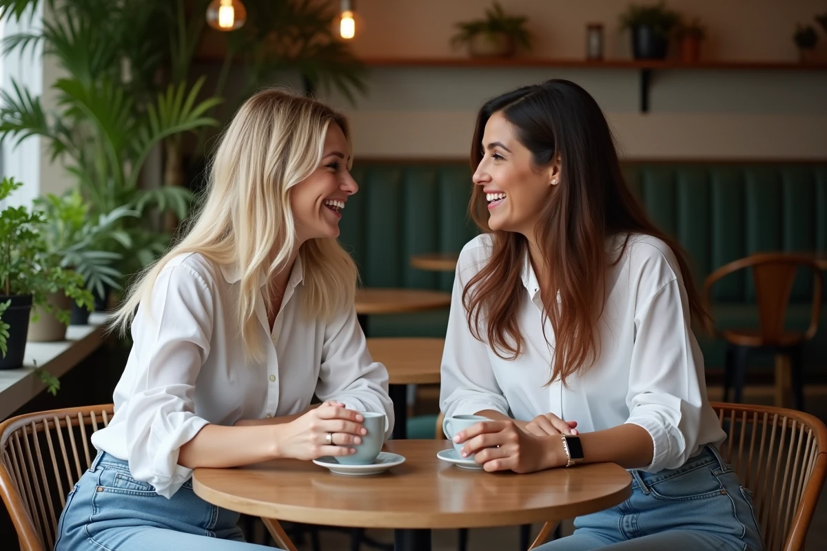 Deux femmes souriantes dans un café urbain cosy