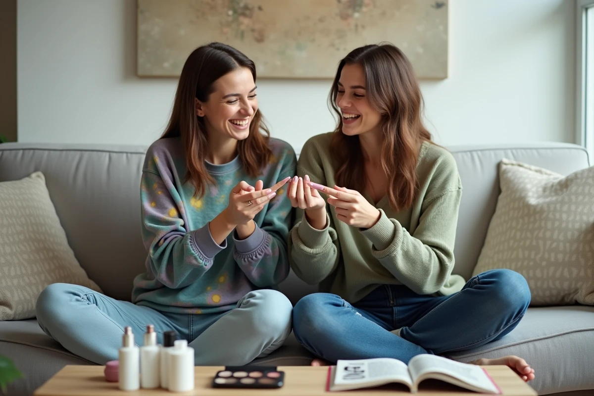 Deux amies passionnées de geek culture testant des fards à paupières ensemble dans un salon moderne avec des accessoires beauté et jeux vidéo posés sur la table basse