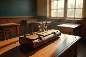 Bureau d école vintage avec troussegalant en cuir et outils d écriture