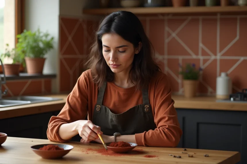 Femme aux cheveux châtain foncé appliquant du henné colorant sur ses cheveux dans une cuisine naturelle en bois et terracotta