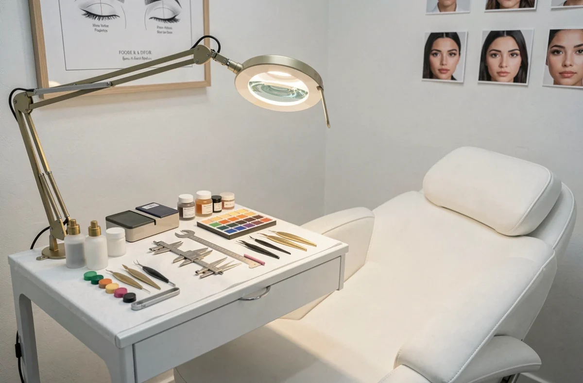 Poste de travail spécialisé de L'Atelier du Sourcil à Dijon avec outils de restructuration du regard et palette de pigments