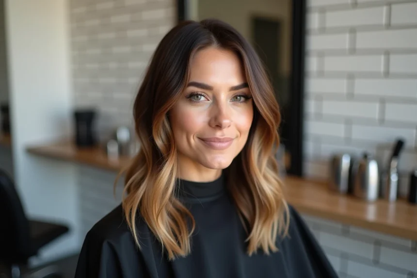Femme aux cheveux bruns avec un balayage discret caramel fondu dans un salon de coiffure moderne