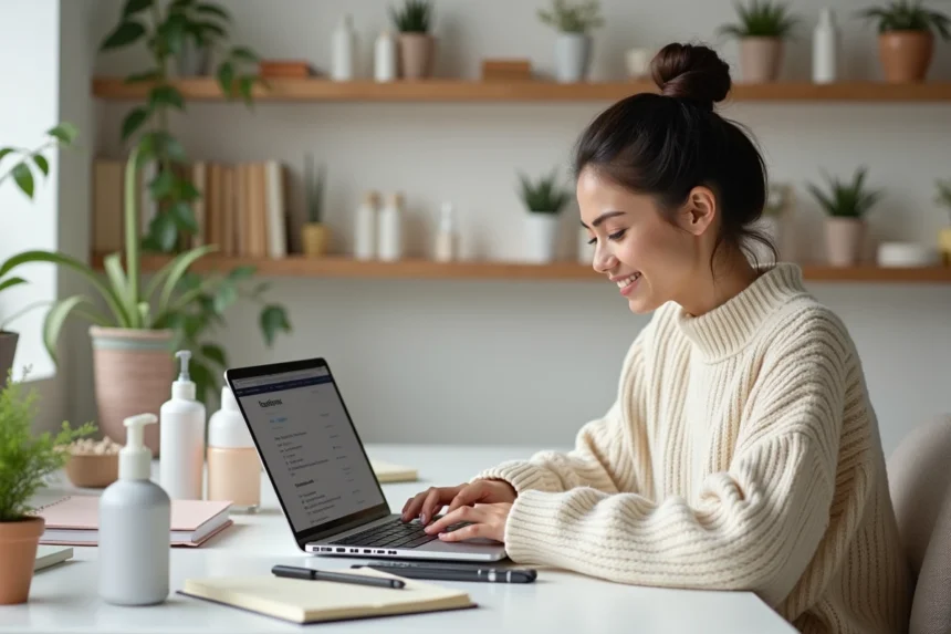 Jeune femme blogueuse beauté-geek travaillant sur son blog depuis un bureau minimaliste mêlant produits cosmétiques et gadgets tech