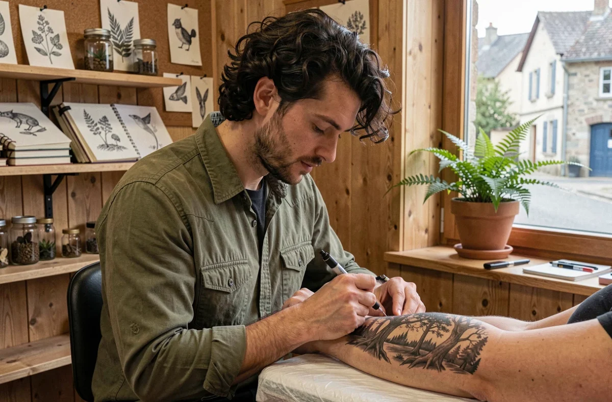 Tatoueur de Bois Noirs à Neuville-Saint-Rémy réalisant un tatouage aux motifs forestiers dans un studio au cadre naturel et artisanal en bois brut