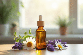 Bouteille d'huile essentielle avec lavande et eucalyptus