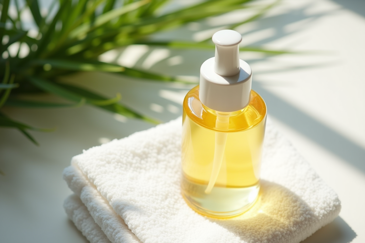 Bouteille d huile de soin sur serviette blanche