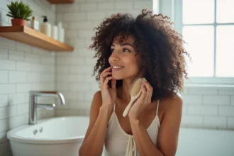 Femme aux cheveux bouclés utilisant une brosse massante en silicone sur son cuir chevelu dans une salle de bain moderne
