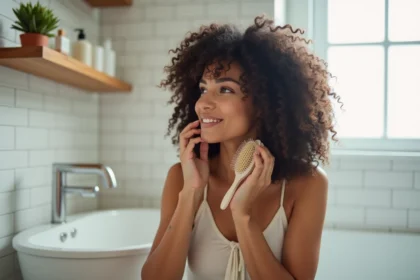 Femme aux cheveux bouclés utilisant une brosse massante en silicone sur son cuir chevelu dans une salle de bain moderne