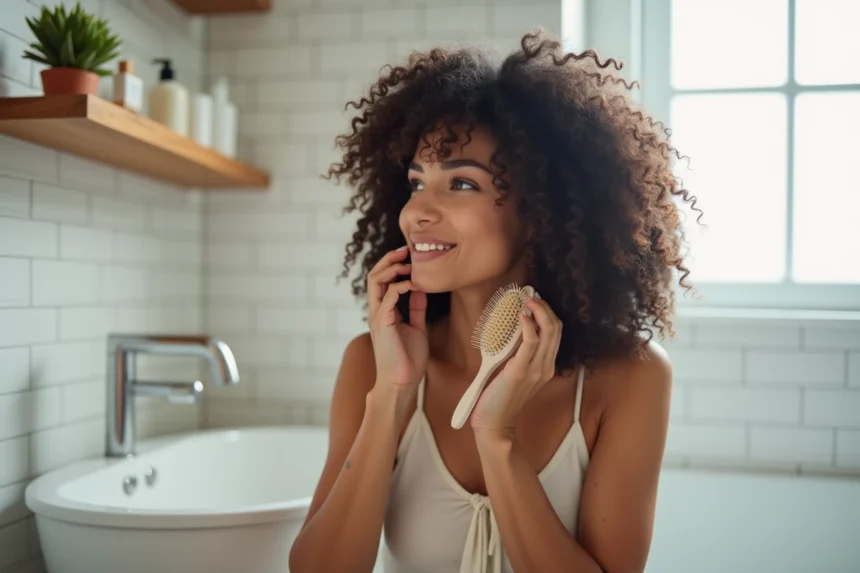 Femme aux cheveux bouclés utilisant une brosse massante en silicone sur son cuir chevelu dans une salle de bain moderne