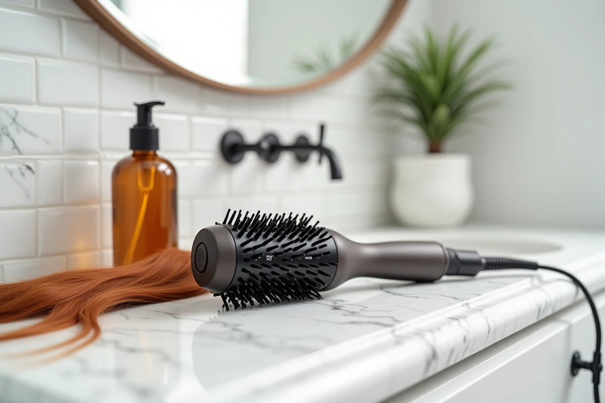 Brosse soufflante professionnelle posée sur un comptoir en marbre avec des produits capillaires pour cheveux colorés