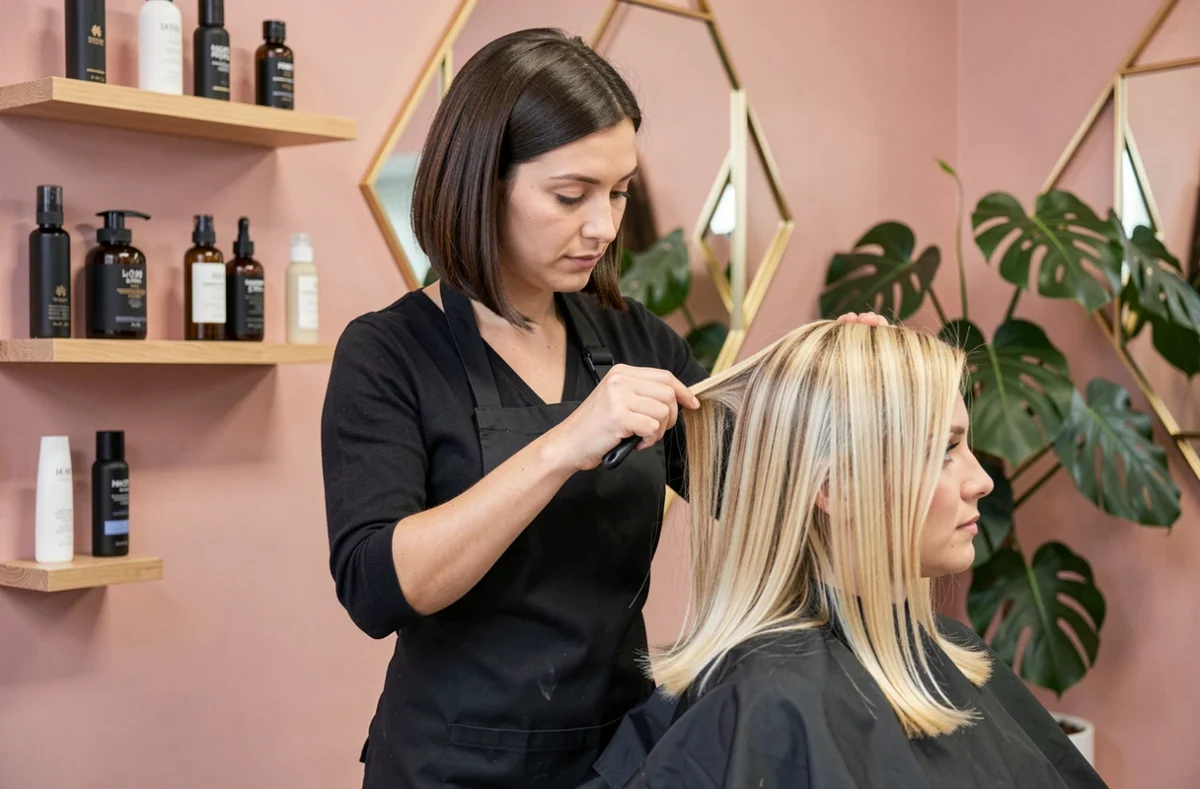 Styliste réalisant un balayage dans le salon Brune Blonde spécialisé en coiffure féminine à Strasbourg