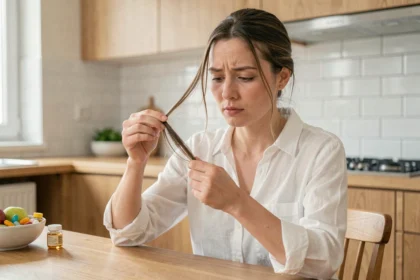 Femme examinant ses cheveux fins et ternes liés à une carence en vitamines, assise dans une cuisine moderne
