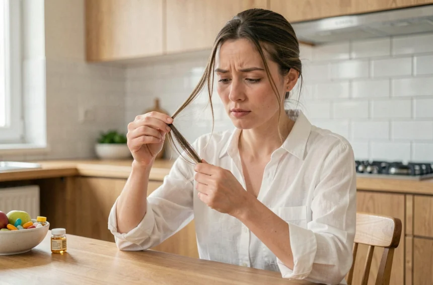 Femme examinant ses cheveux fins et ternes liés à une carence en vitamines, assise dans une cuisine moderne