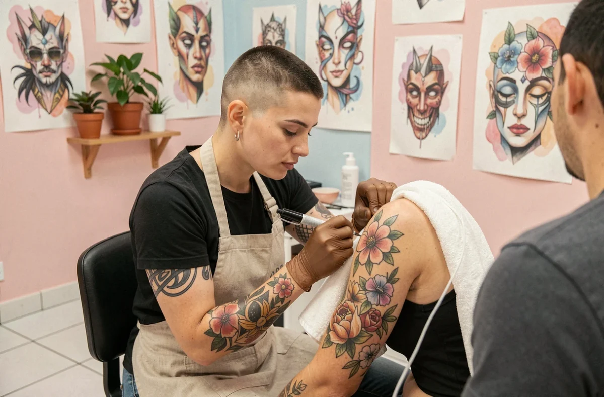 Tatoueuse Carishna à Lille travaillant sur un tatouage floral délicat dans un studio au décor pastel et végétal