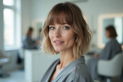 Femme aux cheveux fins avec un carré dégradé et une frange oblique dans un salon de coiffure moderne
