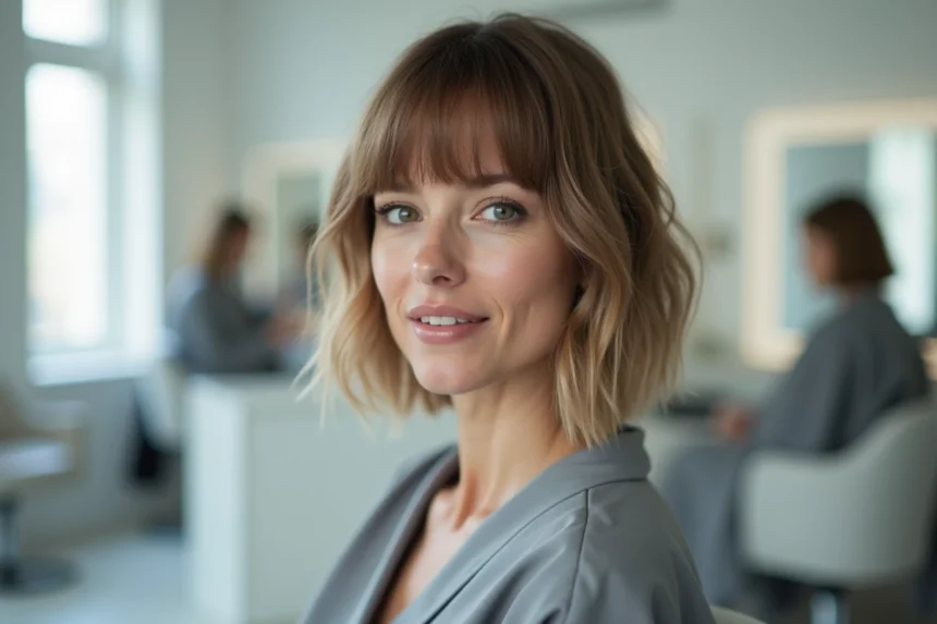 Femme aux cheveux fins avec un carré dégradé et une frange oblique dans un salon de coiffure moderne