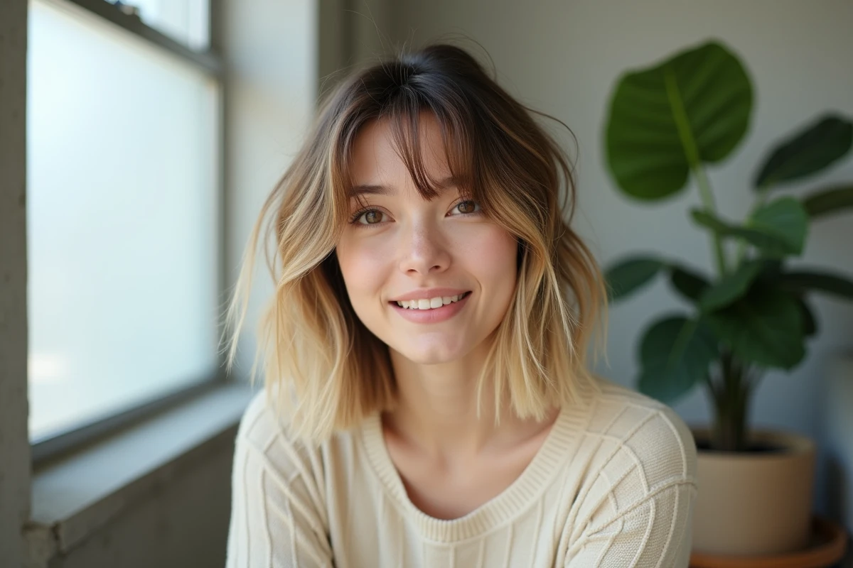 Jeune femme avec un carré dégradé en couches sur cheveux fins et frange rideau dans un appartement lumineux