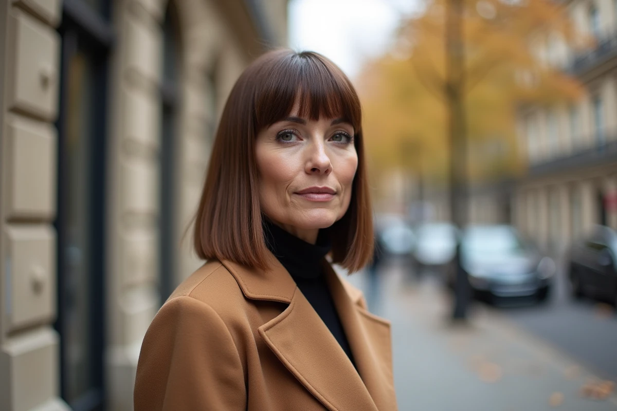 Femme mature avec un carré plongeant sur cheveux fins et frange droite dans une rue parisienne en automne
