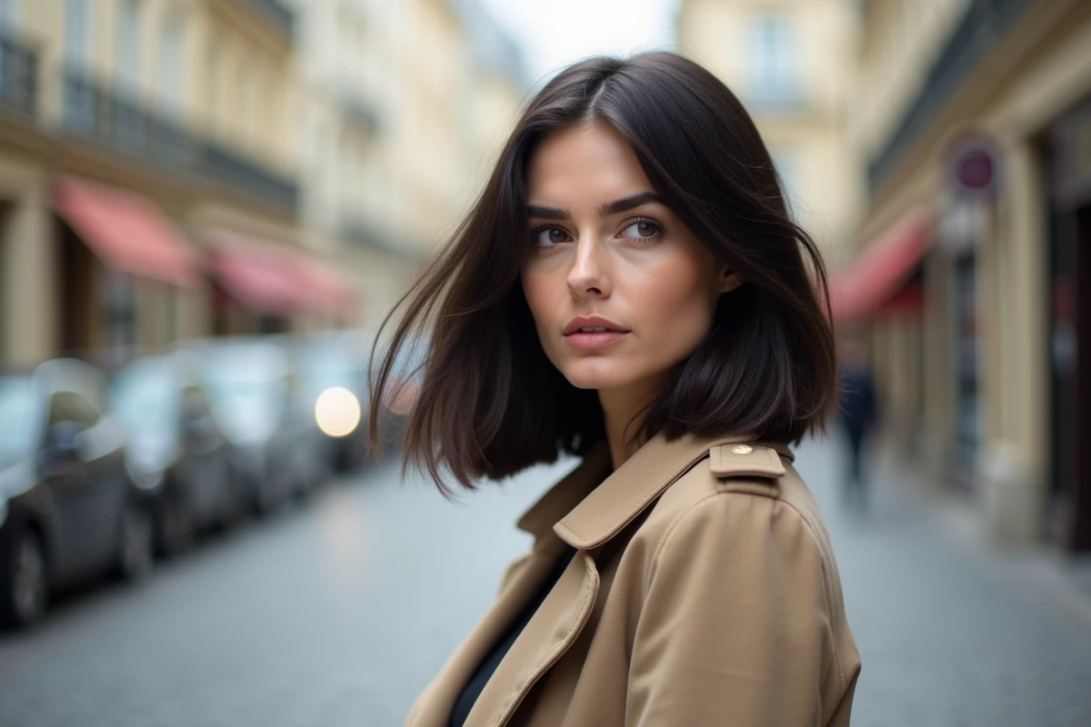 Femme avec un carré plongeant sur cheveux fins photographiée dans une rue de ville européenne