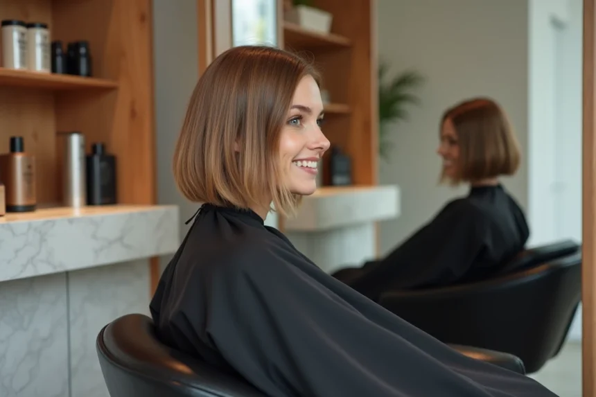 Femme aux cheveux fins avec un carré plongeant lisse dans un salon de coiffure moderne