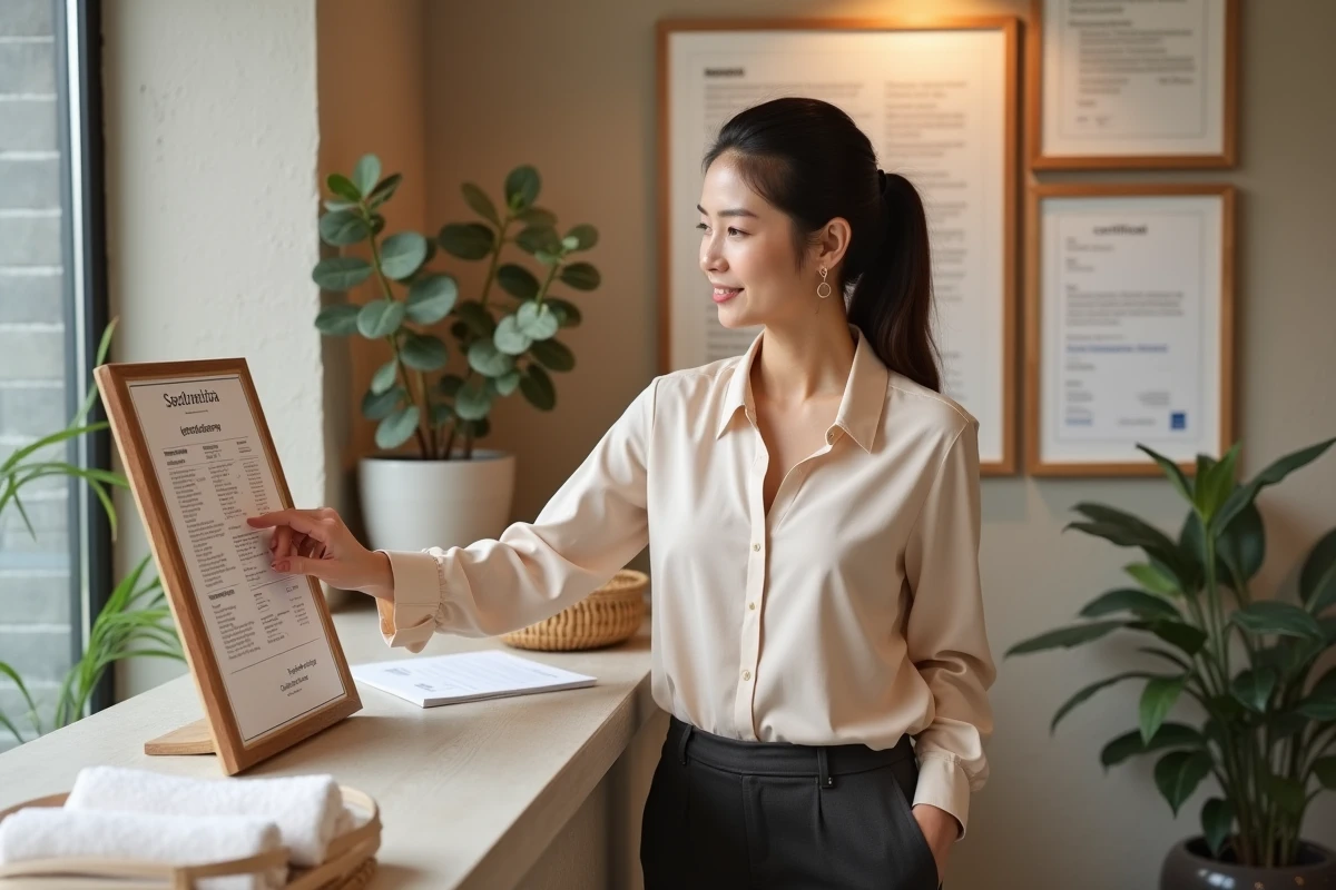 Responsable d'un centre de massage présentant un annuaire de praticiens certifiés dans une réception professionnelle en France
