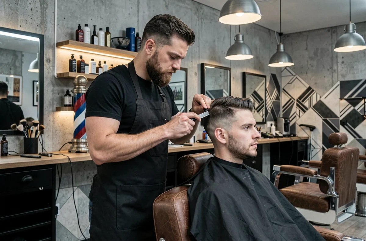 Barbier réalisant un rasage au coupe-chou dans le salon Coiff&Co proposant des prestations barbier à Haguenau