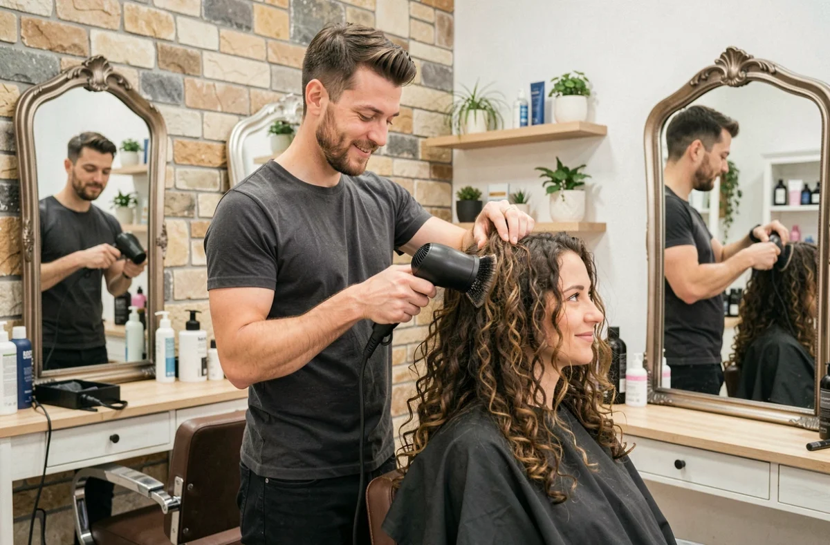 Coiffeur réalisant un brushing sur cheveux bouclés dans un salon contemporain avec mur en pierre apparente