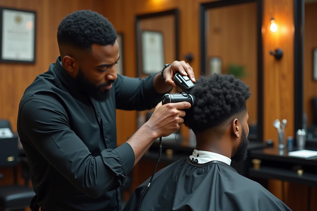 Coiffeur professionnel réalisant un dégradé blanc sur cheveux afro avec une tondeuse dans un barbershop authentique