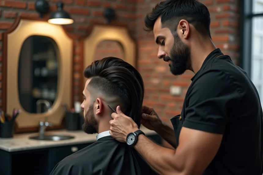 Coiffeur professionnel taillant une coupe mulet structurée dans un salon de coiffure urbain moderne avec miroir et outils de barbier
