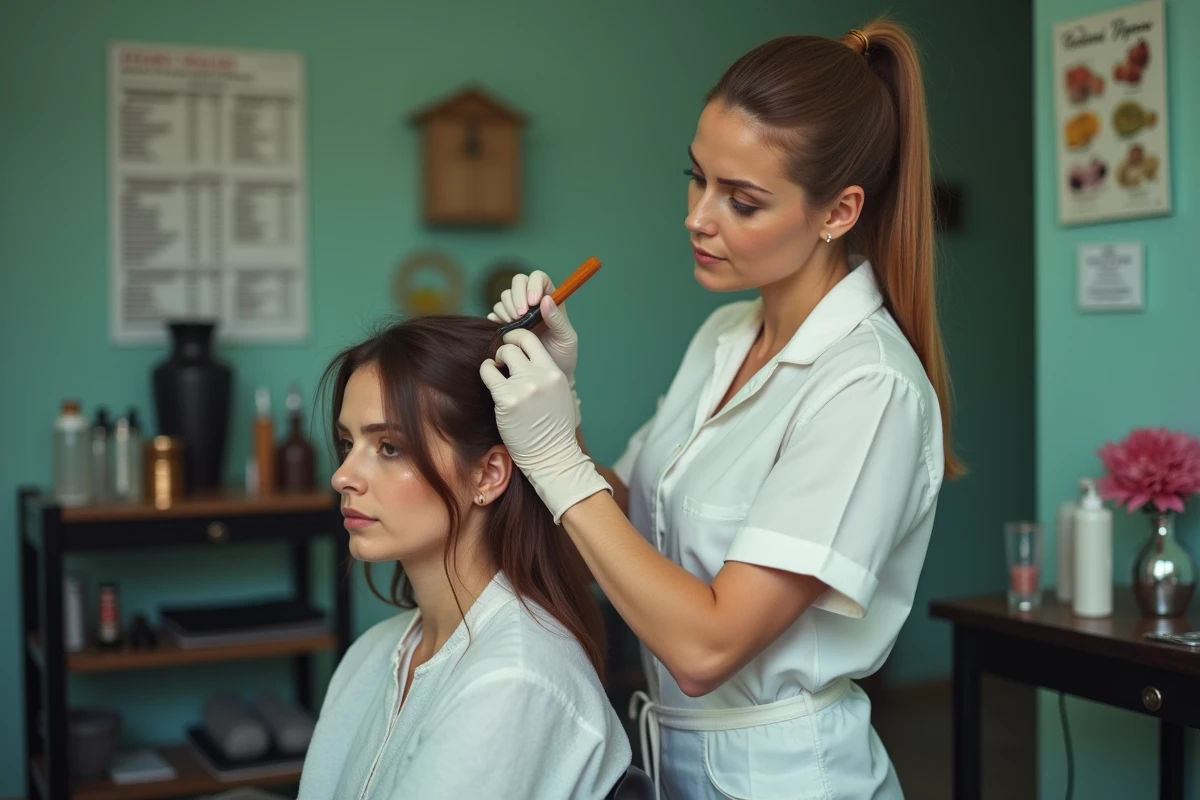 Coiffeuse appliquant une coloration sur une cliente dans un petit salon de coiffure en province