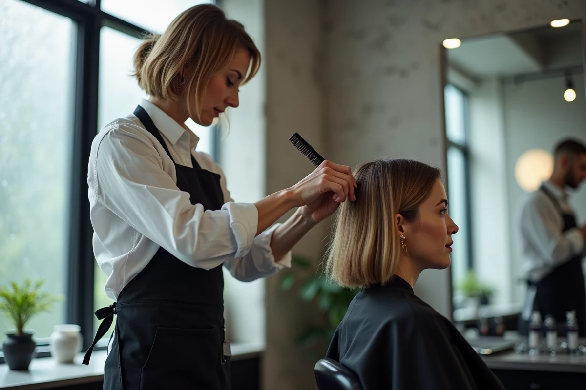 Coiffeuse réalisant un carré plongeant sur cheveux fins dans un studio de coiffure urbain