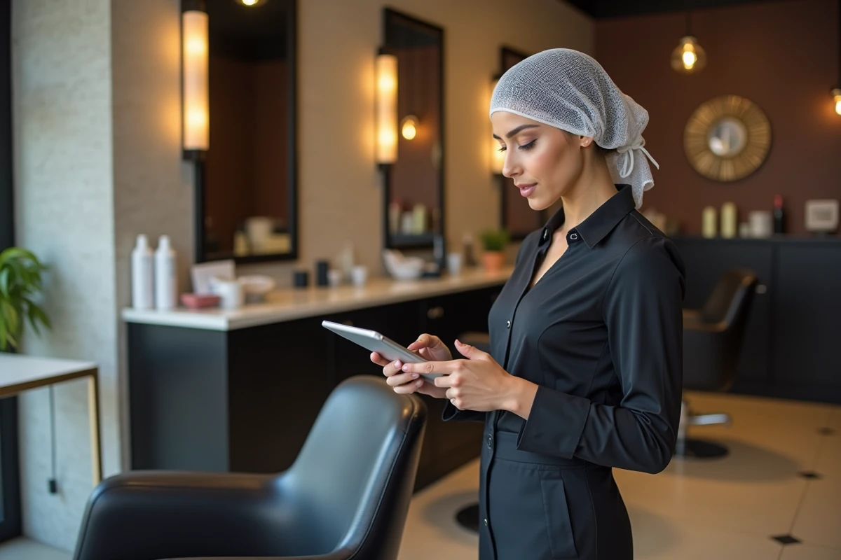 Coiffeuse professionnelle portant un filet à cheveux dans un salon moderne