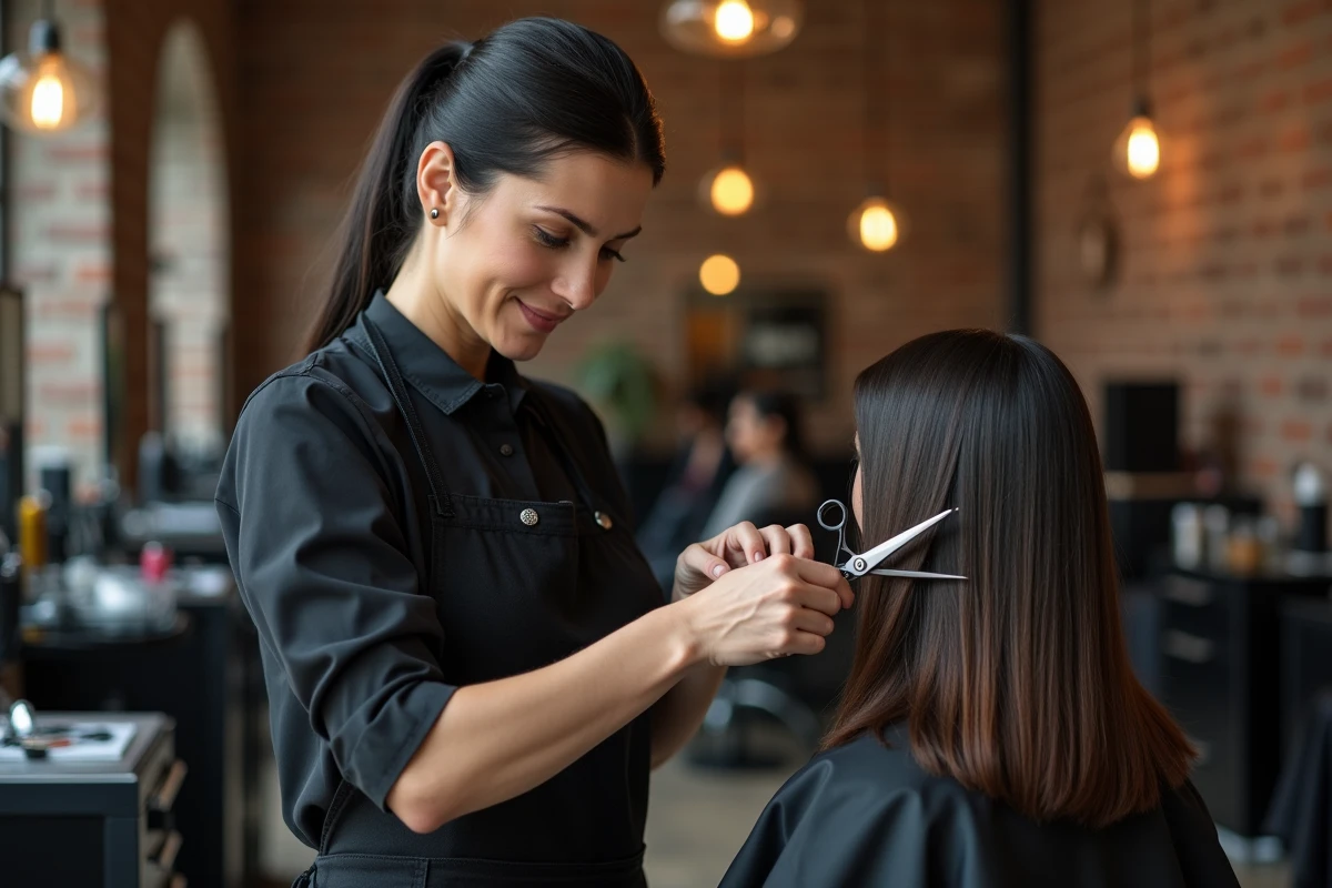 Coiffeuse professionnelle réalisant une coupe dégradée mi-longue sur cheveux fins en salon