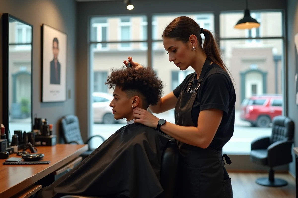 Coiffeuse professionnelle effectuant un dégradé en V fondu sur cheveux épais bouclés dans un salon contemporain