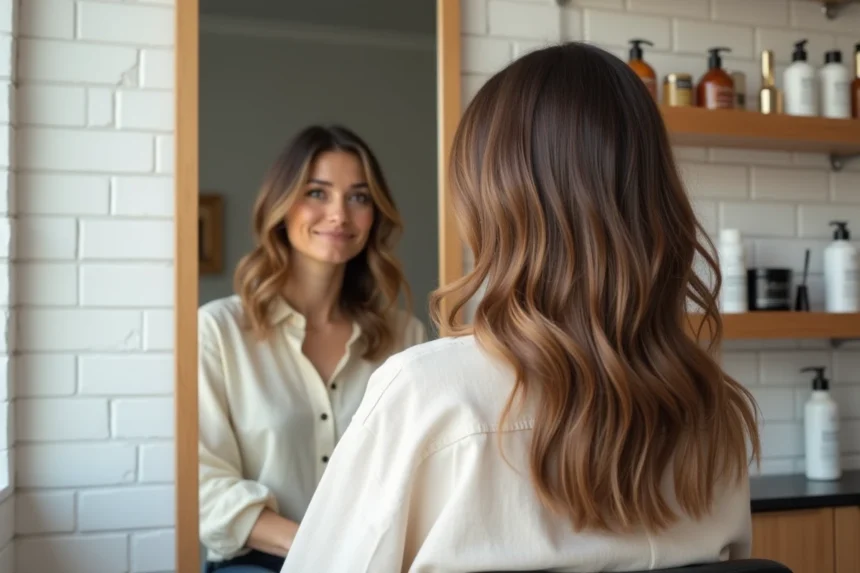 Femme aux cheveux mi-longs dégradés en salon de coiffure, vue de dos et reflet miroir montrant la structure du dégradé