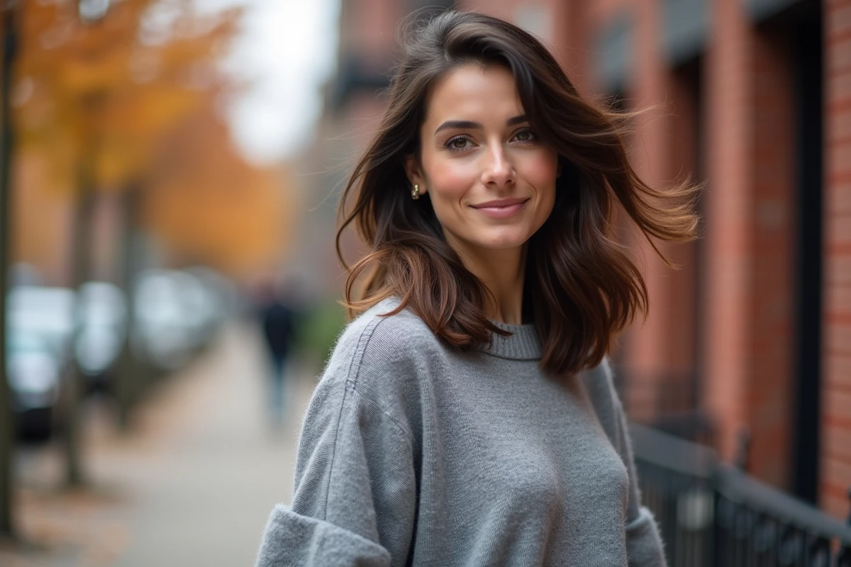 Femme aux cheveux mi-longs dégradés en extérieur urbain en automne, coupe transition entre cheveux courts et longs