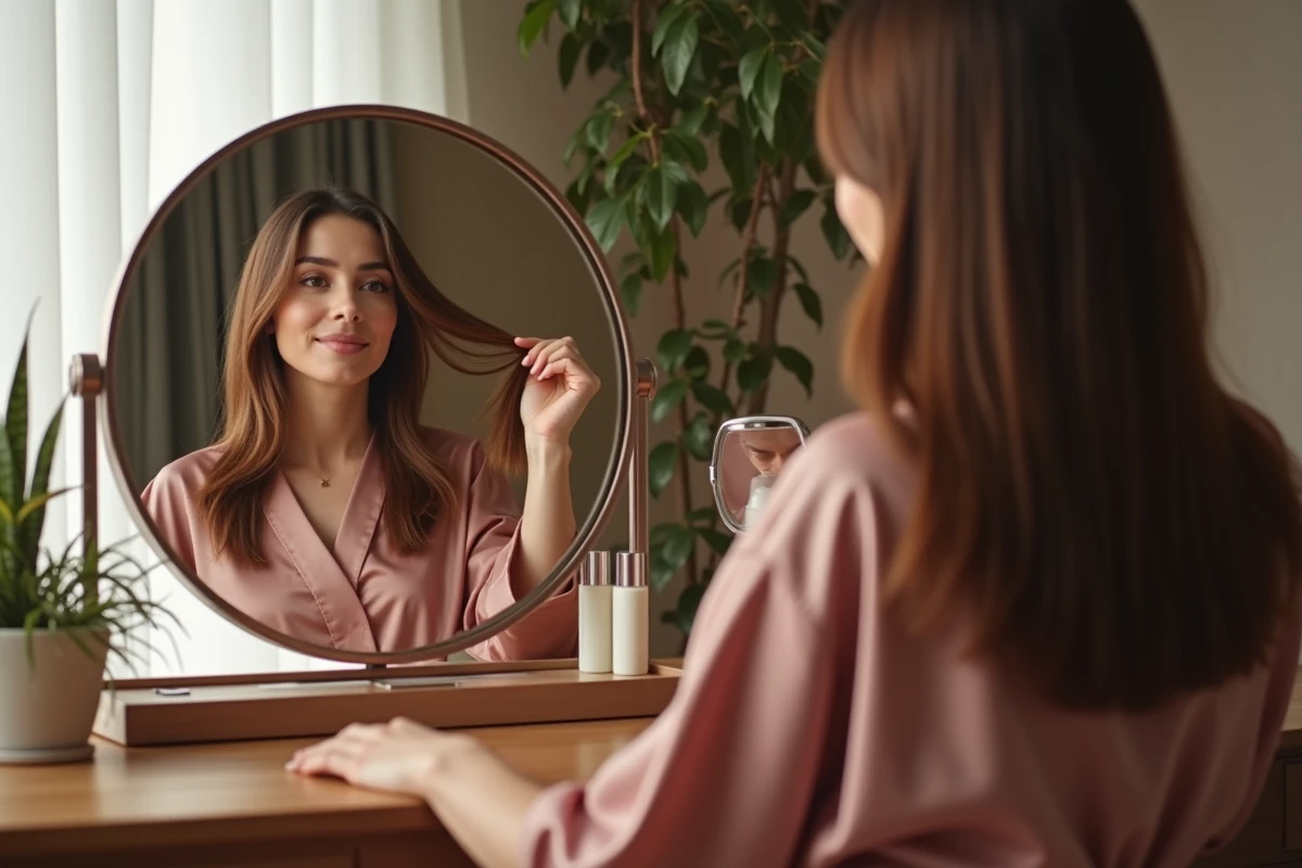 Femme inspectant sa coiffure mi-longue dégradée devant un miroir de coiffeuse à la maison, coupe de transition naturelle