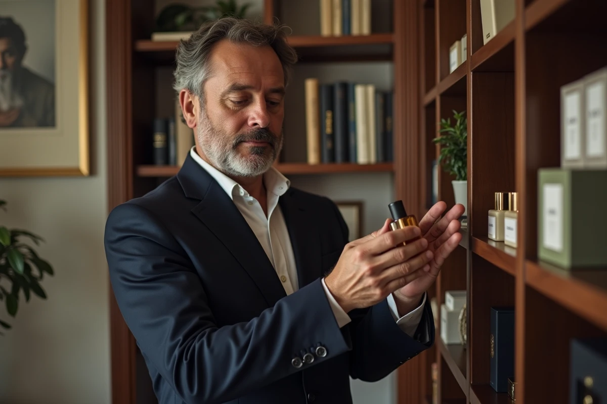 Collectionneur adulte examinant un flacon de parfum rare dans une vitrine de collection privée