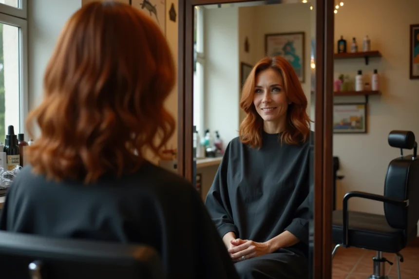 Femme aux cheveux colorés en châtain dans un salon de coiffure de province, satisfaite du résultat