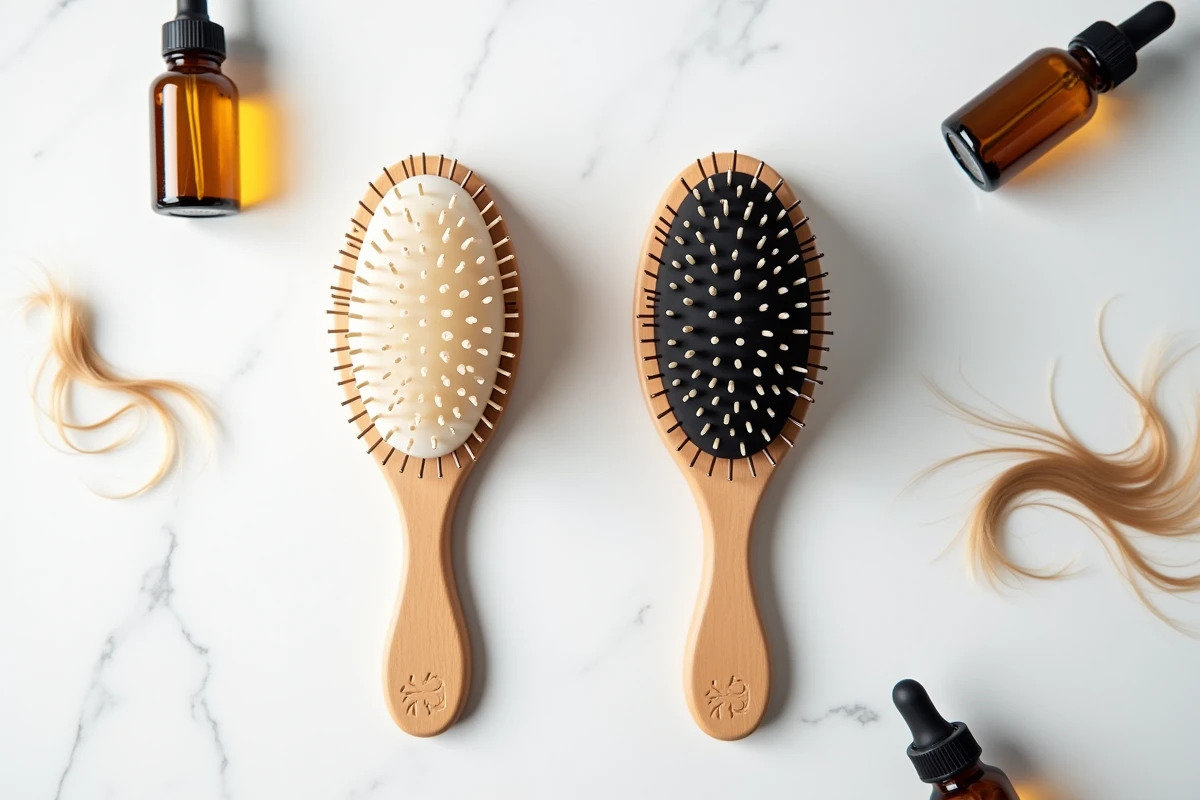 Comparaison de deux brosses massantes pour cuir chevelu posées sur une surface en marbre blanc avec des flacons d'huile capillaire