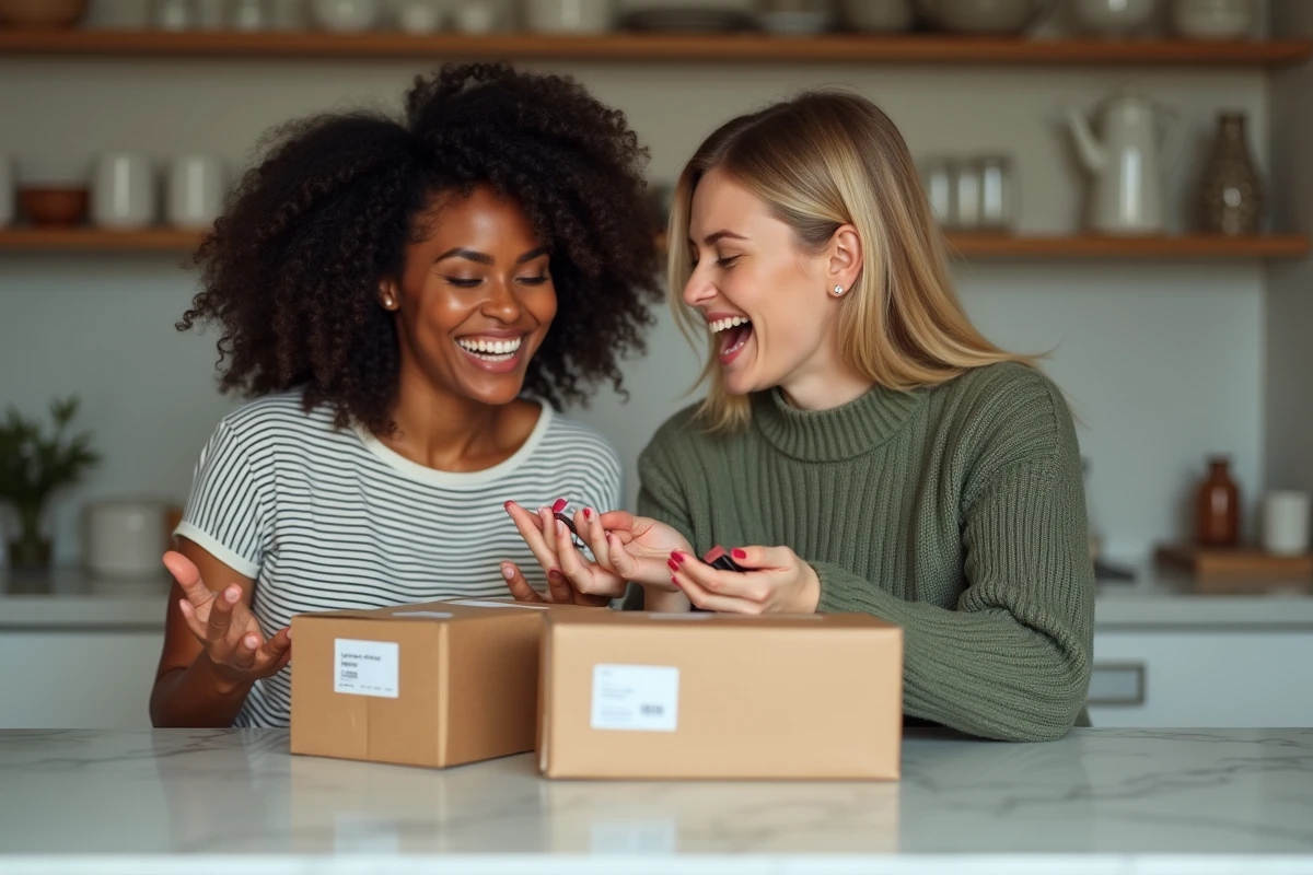 Deux femmes comparant des produits de maquillage discount reçus en livraison, swatches de rouge à lèvres sur les poignets dans une cuisine moderne