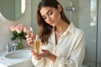 Femme comparant un flacon de parfum Adopt avec un parfum de luxe équivalent sur un comptoir en marbre