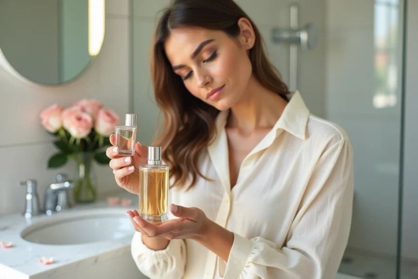 Femme comparant un flacon de parfum Adopt avec un parfum de luxe équivalent sur un comptoir en marbre