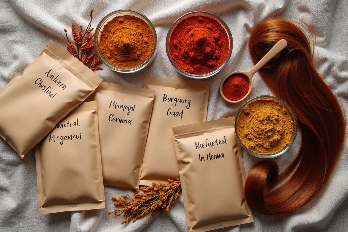 Flat-lay de poudres de henné en différentes teintes naturelles avec des mèches de cheveux montrant les résultats de coloration selon la base