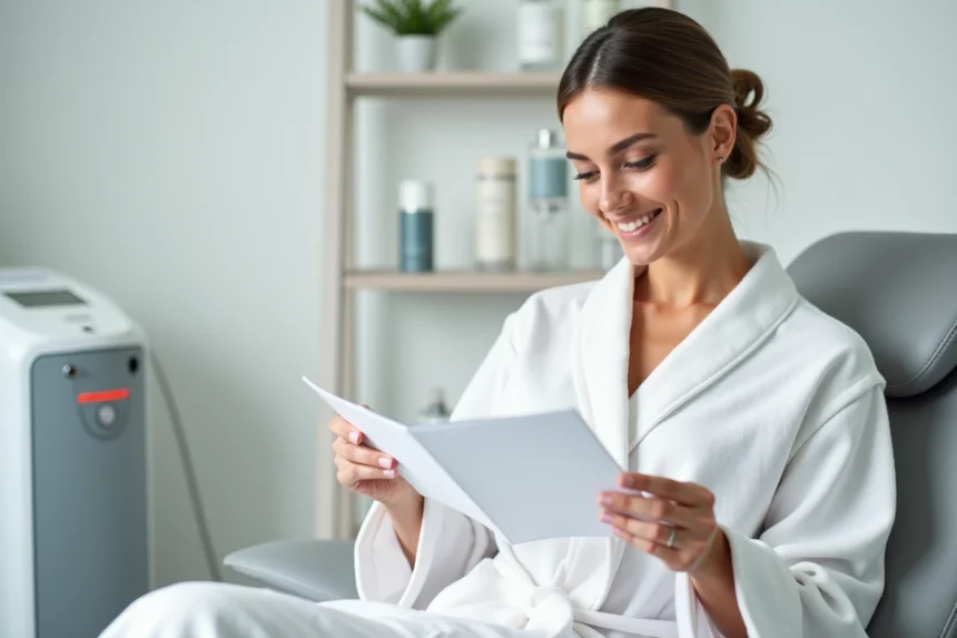 Femme en peignoir blanc consultant une brochure dans une clinique laser moderne pour l'épilation définitive