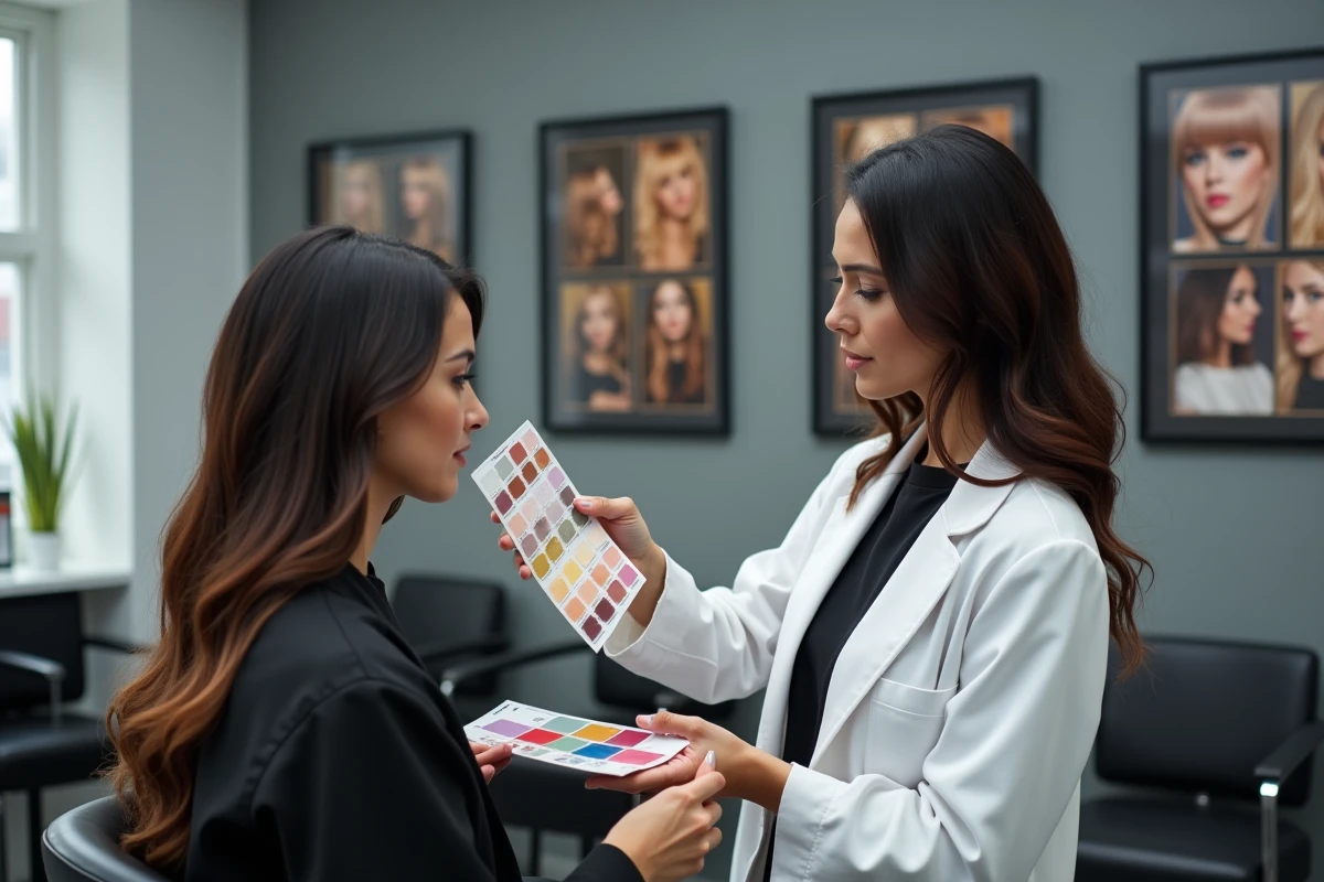 Coloriste professionnelle analysant la couleur des cheveux d'une cliente brune avant application du balayage