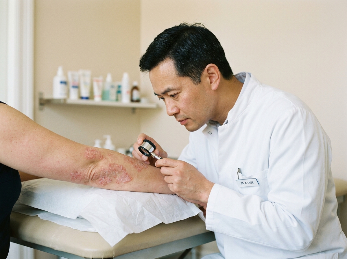 Dermatologue examinant une plaque d'eczéma atopique sur le coude d'un patient lors d'une consultation médicale