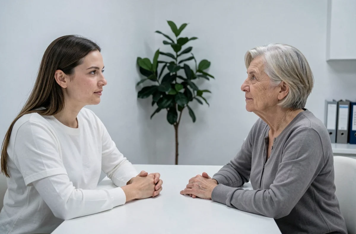 Deux femmes en consultation esthétique comparant l'équilibre du visage avec un nez aquilin