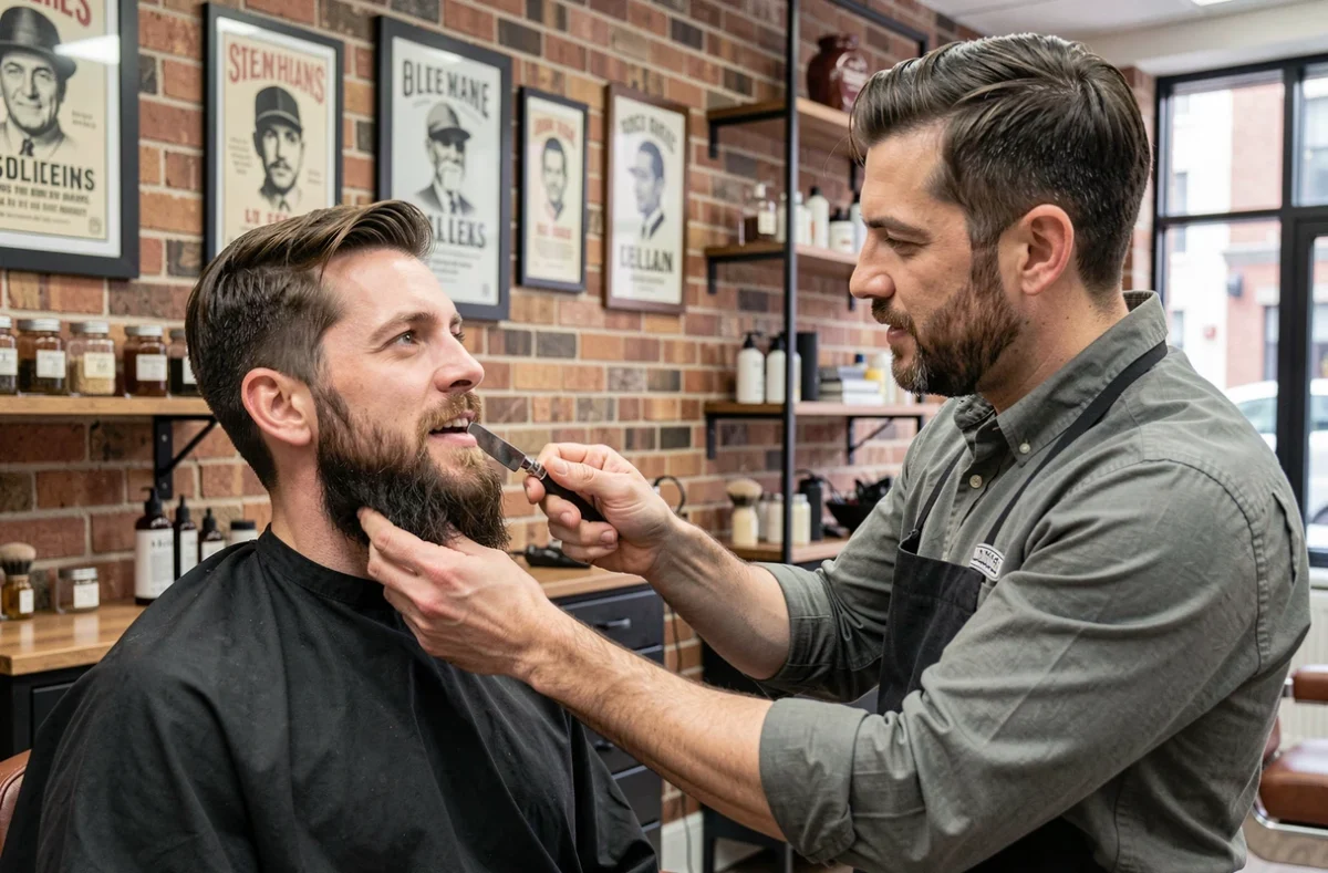 Client au visage ovale en consultation avec un barbier professionnel qui affine les contours de sa barbe complète au rasoir droit dans un barbershop urbain